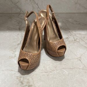 BCBGeneration Tan Cutout Peep-Toe Heels